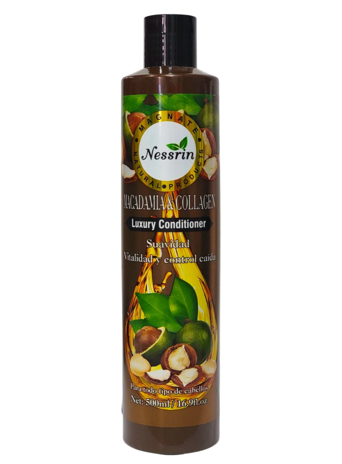 ACONDICIONADOR PARA EL CABELLO PREMIUM DE MACADAMIA Y COLAGENO, DA SUAVIDAD, VITALIDAD Y AYUDA AL CONTROL DE CAIDA DEL CABELLO NESSRIN 500ML